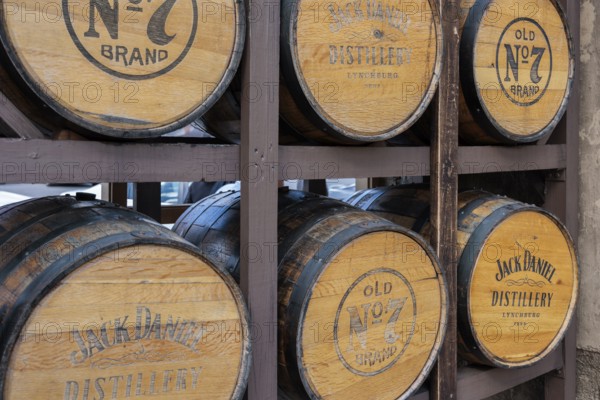 Barrels of whiskey aging in one of the barrel houses at the Jack Daniel Distillery in Lynchburg, Tennessee