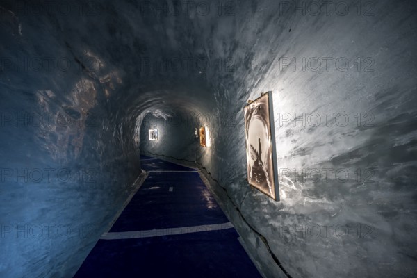 Artificial ice cave through the glacier ice, Mer de Glace, Montenvers, Chamonix, Haute-Savoie, France