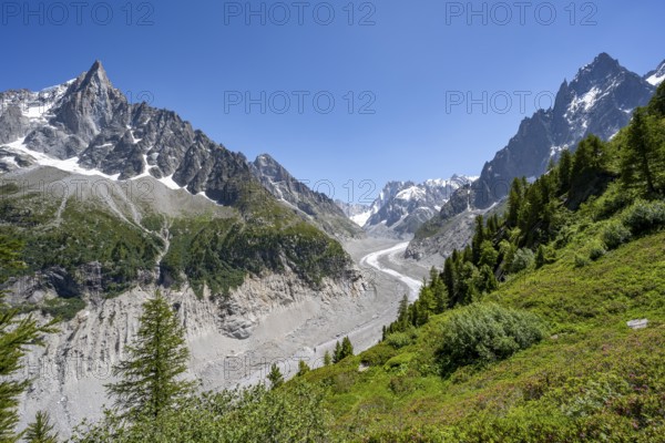 Picturesque mountain landscape with imposing mountain peaks and glaciers, Grand Balcon Nord, Mer de Glace glacier tongue, Grandes Jorasses at the back, Mont Blanc massif, Montenvers, Chamonix, Haute-Savoie, France