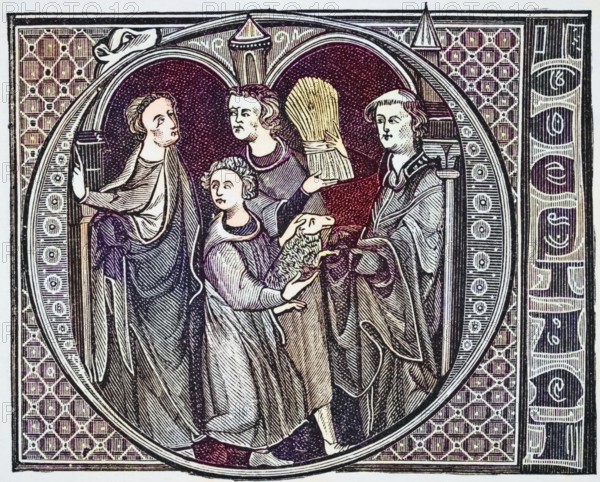 Monks engaged in agriculture. Capital letter O in the 13th century, Livre de Jurisprudence from Science and Literature in the Middle Ages, per Paul Lacroix, published in London 1878, coloured, digital reproduction of a historical original