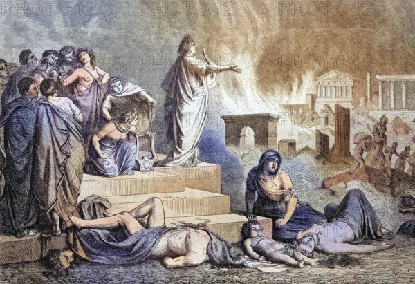 Nero during the fire of Rome, Italy, coloured wood engraving, reproduction from a model from ca 1888, historical, people fleeing from conflagration in an ancient city, chaos reigns
