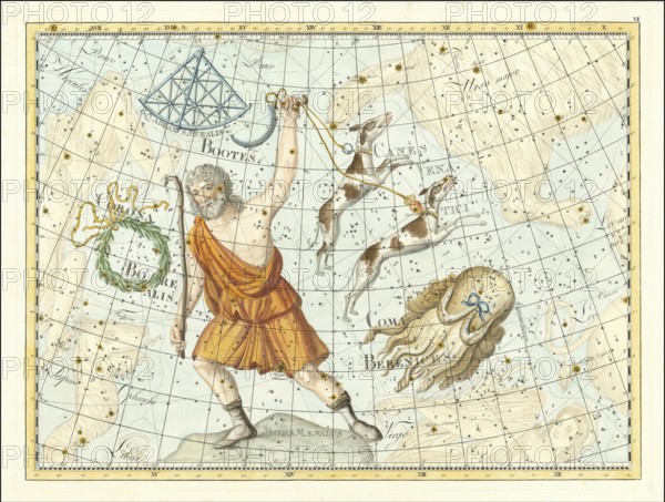 Sign of the zodiac, bear guardian, hunting dogs, hair of Berenice, star chart, universe, astrology, horoscope, after Johann Elert Bode (19 January 1747 to 23 November 1826), Prussian astronomer
