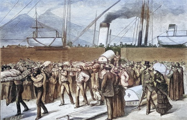 After the Ischia earthquake, the wounded are brought to Naples, Italy, 1883, coloured wood engraving, reproduction of a model from ca 1888, Historical, People carrying coffins in front of ships at a funeral in the busy harbour