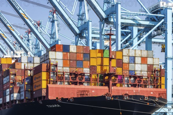Container ship Tihama from Hapag Lloyd. With a length of 400 metres, the ULCV is one of the largest container ships in the world. APM Container Terminal. Maasvlakte 2 deep-sea port on artificial land // 01.05.2025. Rotterdam, Zuid-Holland, Netherlands