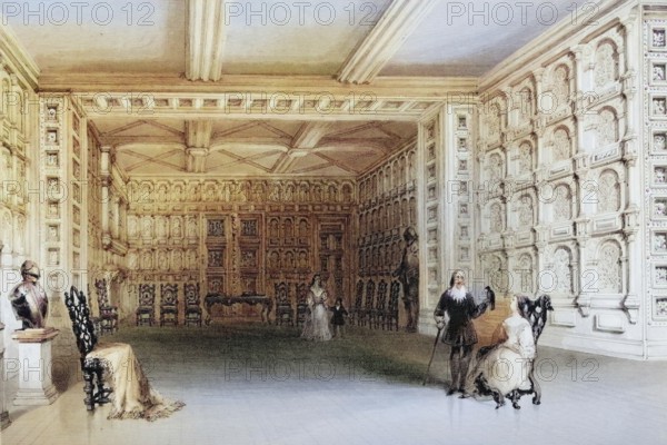 Interior of a room in Malahide Castle, County Wicklow, Ireland, from the Scenery and Antiquities of Ireland, 1841, digital reproduction of a historical model