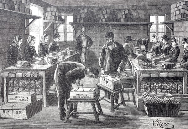 Worker packing dynamite, c. 1880, France, digitally enhanced reproduction of a 19th century model, historical