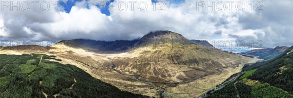 Panorama of Fairy Pools and Waterfalls from a drone, Glen Brittle, Black Cuillin, Isle of Skye, Scotland, England, United Kingdom