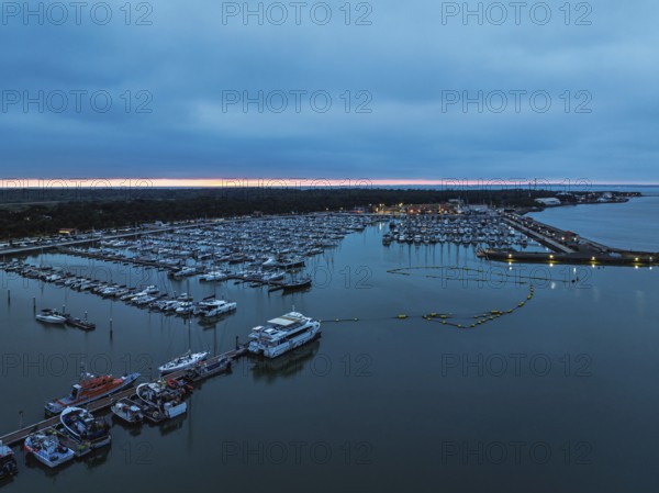 Sunset over Marina in Le Verdon-sur-Mer from a drone, Nouvelle-Aquitaine, Gironde, France, EuropeLe Verdon-sur-Mer, Nouvelle-Aquitaine, Gironde, France, Europe