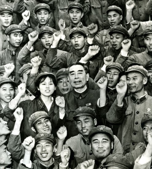 Zhou Enlai, also known as Tschu En Lai or Tschou En-lai, Prime Minister of the People's Republic of China, with communist workers, fist as symbol, ca, 1970s