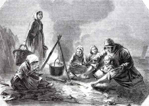 Fishing family, parents with four children, having dinner on the coast of Andresselles, Pas de Calais, 1875, France, digitally enhanced reproduction from a 19th century original, Historical, exact date unknown