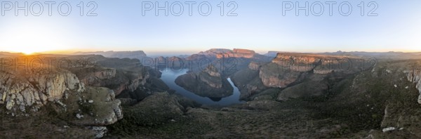 Sunset at Blyde River Canyon with Three Rondawels peak, view of canyon with Blyde River and table mountains in the evening light, canyon landscape, Panorama Route, Mpumalanga, South Africa