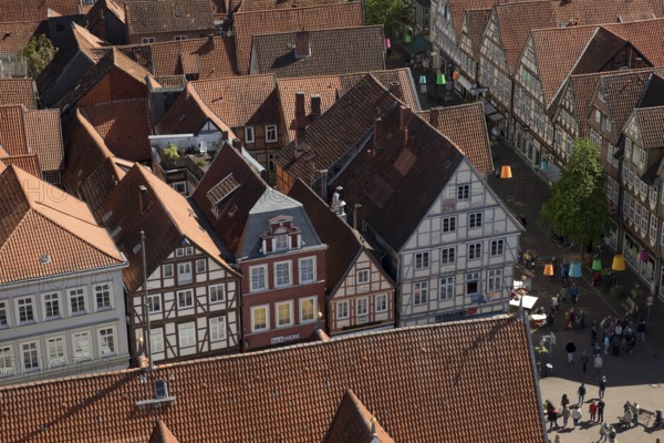 View from the town church tower over the roofs of the historic old town with its four hundred half-timbered houses, Celle, Lower Saxony, Germany