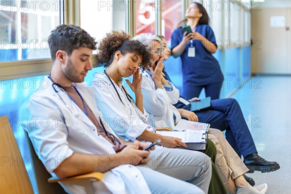 Exhausted medical staff sitting in hospital hallway, experiencing burnout and fatigue from long shifts