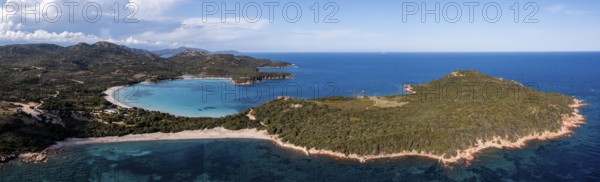 Panorama, aerial view, Plage de Rondinara, turquoise sea, sandy beach, bay, Corsica, France
