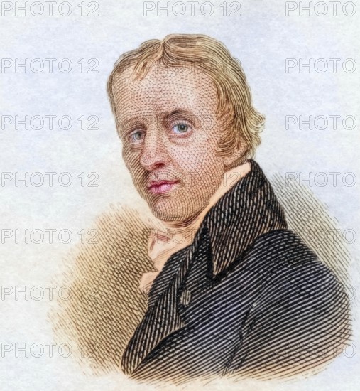 John Opie PRA, (born 16 May 1761 in Trevellas, Cornwall, England, died 9 April 1807 in Westminster, England) was a Cornish historical and portrait painter, coloured woodcut from Crabbe's Historical Dictionary from 1825, Historical, digital reproduction