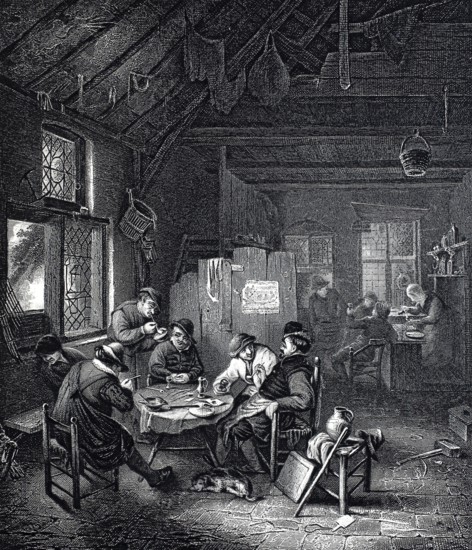 View into a Dutch village tavern, around 1650, Holland, Historical, digitally restored reproduction of a 19th century original, family gathered around a table in a warm, rustic interior with fireplace
