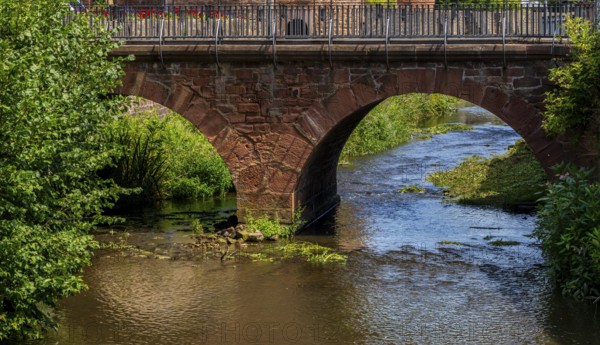 The old town centre with the town wall and the Seemenbach stream, Büdingen, Hesse, Germany