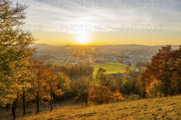 View over the city of Neumarkt from Wolfstein castle ruins at sunset in autumn, Neumarkt in der Upper Palatinate