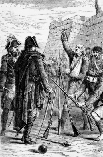 The surrender of the garrison during the Franco-Spanish conquest of Menorca from its British defenders in February 1782, after the siege of Fort St Philip, which lasted over five months, was an important step towards achieving Spain's objectives in the alliance with France against Great Britain during the American War of Independence, digital reproduction of a historical model