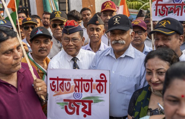 Veterans take part in a rally, in soliderity with the Indian armed forces in Guwahati, India on 14 May 2025. A nationwide campaign Tiranga Yatra organized by the Bharatiya Janata Party (BJP) to honor the Indian armed forces' success in Operation Sindoor