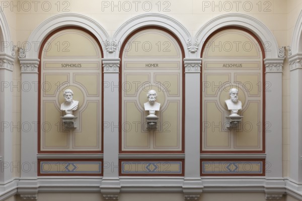 Staircase with busts of ancient Greek and Roman scholars, main building of the University of Rostock, Mecklenburg-Western Pomerania, Germany
