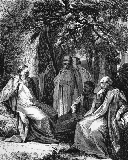 Druids in a sacred grove. In 54 AD, Emperor Claudius banned the Druids, digital reproduction of a historical model