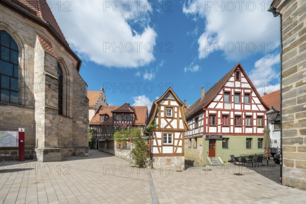 Franconian half-timbered houses at the church of St Laurentius at the Oberer Markt, Altdorf near Nuremberg, Middle Franconia, Franconia, Bavaria, Germany