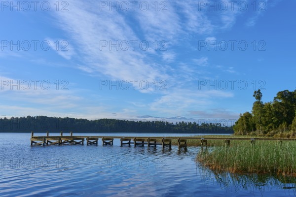 A jetty leads into a calm lake under a blue sky with light clouds, surrounded by lush nature, Lake Mahinapua, Ruatapu, South Island, New Zealand