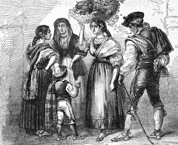 Costumes of the population of Alicante, Spain, from the early 18th century, digital reproduction of a historical model