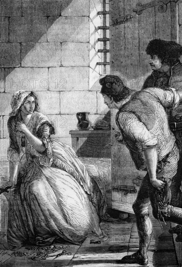 Marie Antoinette leaves prison in front of being driven through Paris in an open cart to her execution on the Place de la Revolution (Place de la Concorde) on 16 October 1793, France, digital reproduction of a historical model