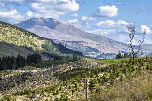 Mountains over Loch Tay, River Dochart, Road A85, Perthshire, Scotland, UK
