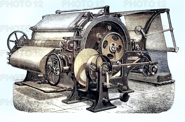 Finishing machine, steam drying machine, coloured wood engraving, reproduction of a model from ca 1888, historical, antique printing machine with visible rollers and cogwheels, used for paper technology