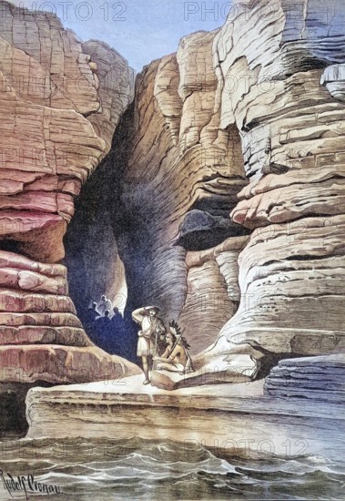 The Leatherstocking Cave on Hudson Island near Glens Falls, USA, coloured wood engraving, reproduction from a model from ca 1888, Historical, Two people in front of an impressive rock formation with gorge scenery