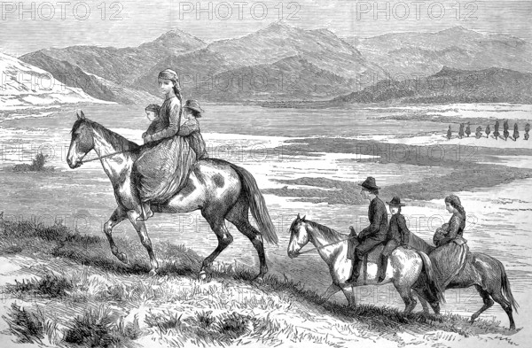 Indian family on horseback at Lake Okanagan, inland lake in British Columbia, 1880, Canada, Historical, digitally restored reproduction from a 19th century original, Record date not stated