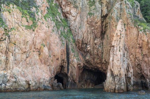 Rock formations and cave, Capo Rosso, Gulf of Porto, Corsica, Corsica, France