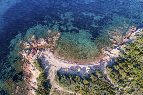Aerial view, colourful rocks in the sea, rocky bay, Corsica, France