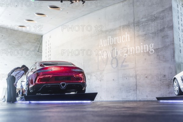 Mercedes-AMG GT Concept from 2017. The Mercedes-Benz Museum in Stuttgart presents a journey through the automotive history of the global corporation. Myth 6: The road to emission-free mobility, 1982 to the present day. The history of the Mercedes star begins with the first automobile in 1886. 160 vehicles are on display. Stuttgart, Baden-Württemberg, Germany