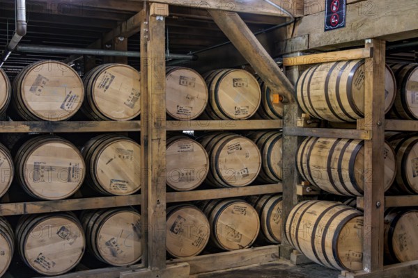 Barrels of whiskey aging in one of the barrel houses at the Jack Daniel Distillery in Lynchburg, Tennessee
