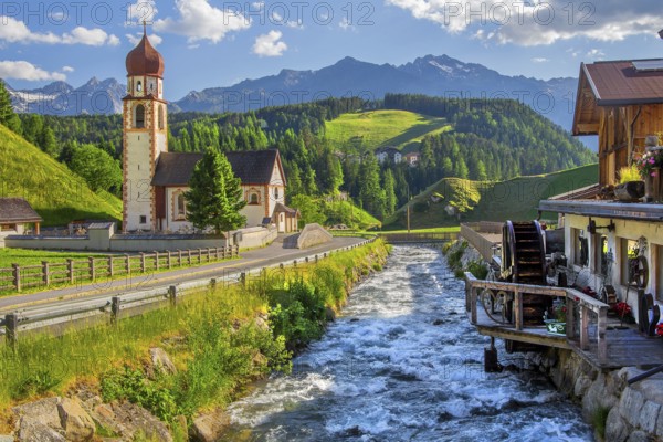 Chaplaincy church and old forge with water wheel on the Horlachbach, Niederthai in the Horlach Valley, side valley of the Ötztal, Stubai Alps, Tyrol, Austria