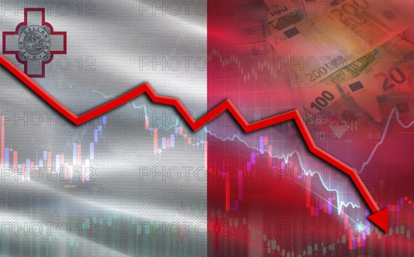 Malta financial fall on economy market. Malta financial crisis on economic graph