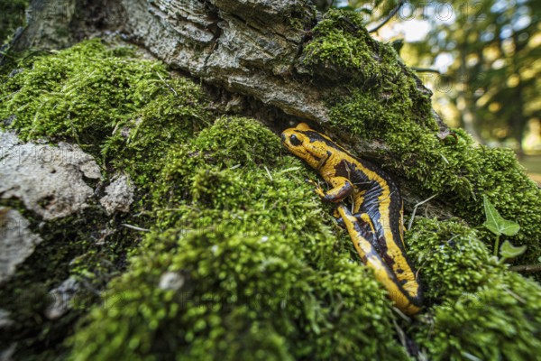 Fire Salamander (Salamandra salamandra bernardezi), endemic subspecies of a few points in north Spain, Oviedo, Spain