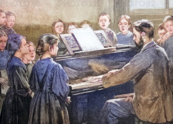 Music teacher in a home for blind children, coloured wood engraving, reproduction of an original from ca. 1888, Historical, A man plays the piano for a group of children who are singing. The atmosphere is communal and concentrated