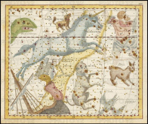 Sign of the zodiac, unicorn, large and small dog, star chart, universe, astrology, horoscope, after Johann Elert Bode (19 January 1747 to 23 November 1826), Prussian astronomer