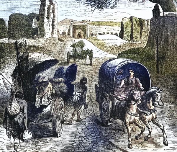 Roman vehicles on Roman roads, 3rd century BC, digital reproduction of a historical model
