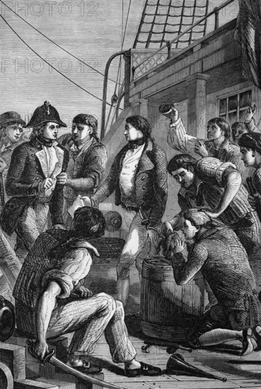 Sailors of the Royal Navy complain about rations and conditions in front of the Nore Mutiny of 1797, England, digital reproduction of a historical model
