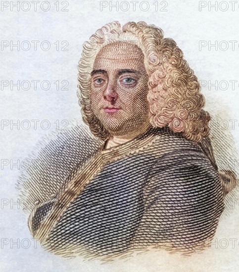 George Frideric Handel, (born 23 February / 5 March 1685greg. in Halle, died 14 April 1759 in London) was a Baroque composer who worked in Germany, Italy and especially in England, coloured woodcut from Crabbe's Historical Dictionary from 1825, Historical, digital reproduction
