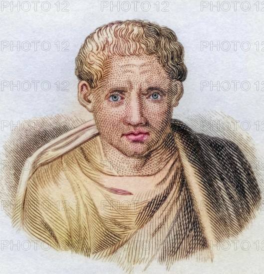 Poseidippus of Pella, (born around 310 BC, died 240 BC) was a Hellenistic epigrammatist, coloured woodcut from Crabbe's Historical Dictionary from 1825, Historical, digital reproduction
