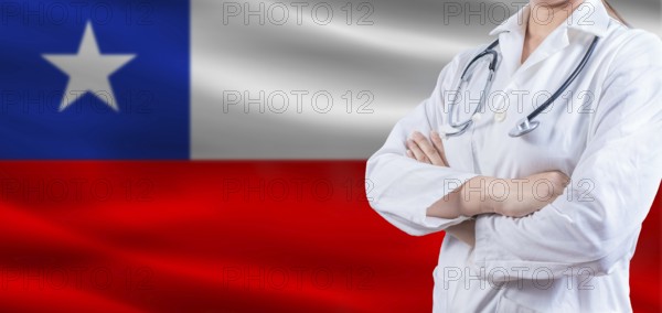Doctor with crossed arms on Chile flag. Chile health and care concept. Female doctor on Chile flag
