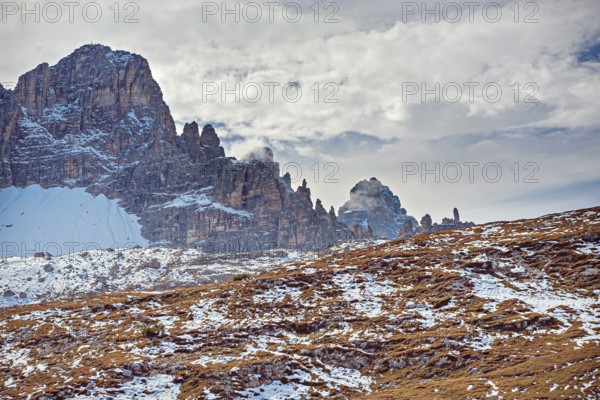 The Three Peaks in the Sesto Dolomites on the border between the provinces of Belluno in the south and South Tyrol, Italy