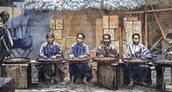 Tea sorter in China, coloured wood engraving, reproduction of an original from ca 1888, historical, workers in traditional clothing work in an antique textile factory indoors